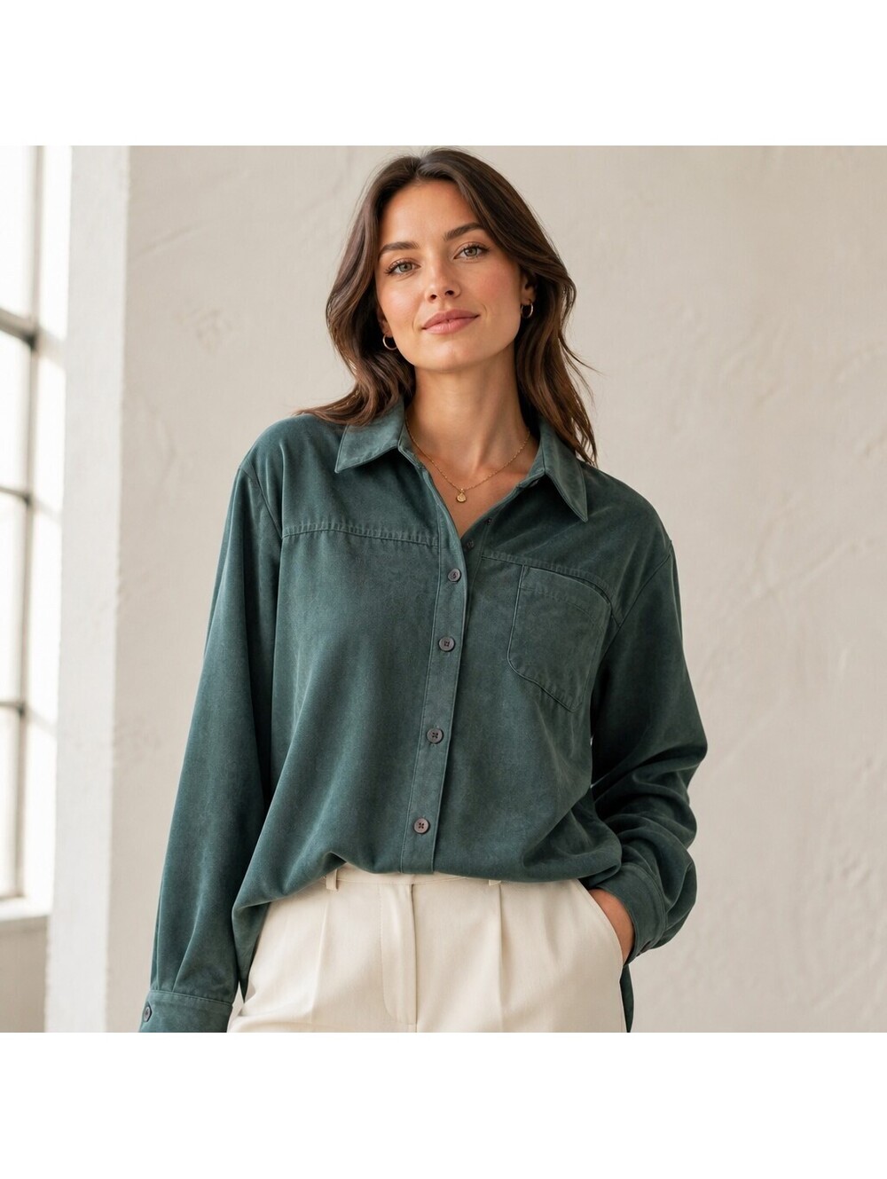 Vintage Y2K Teal Green Faux Suede Button Down Shirt Shacket Oversized Large 5100